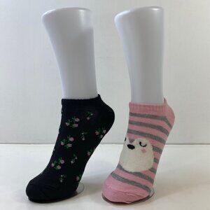 Womens Ankle Socks Set 2 Frog Print Stripes Floral Black Pink Cream Gray